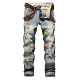 Slim straight-leg badge distressed jeans